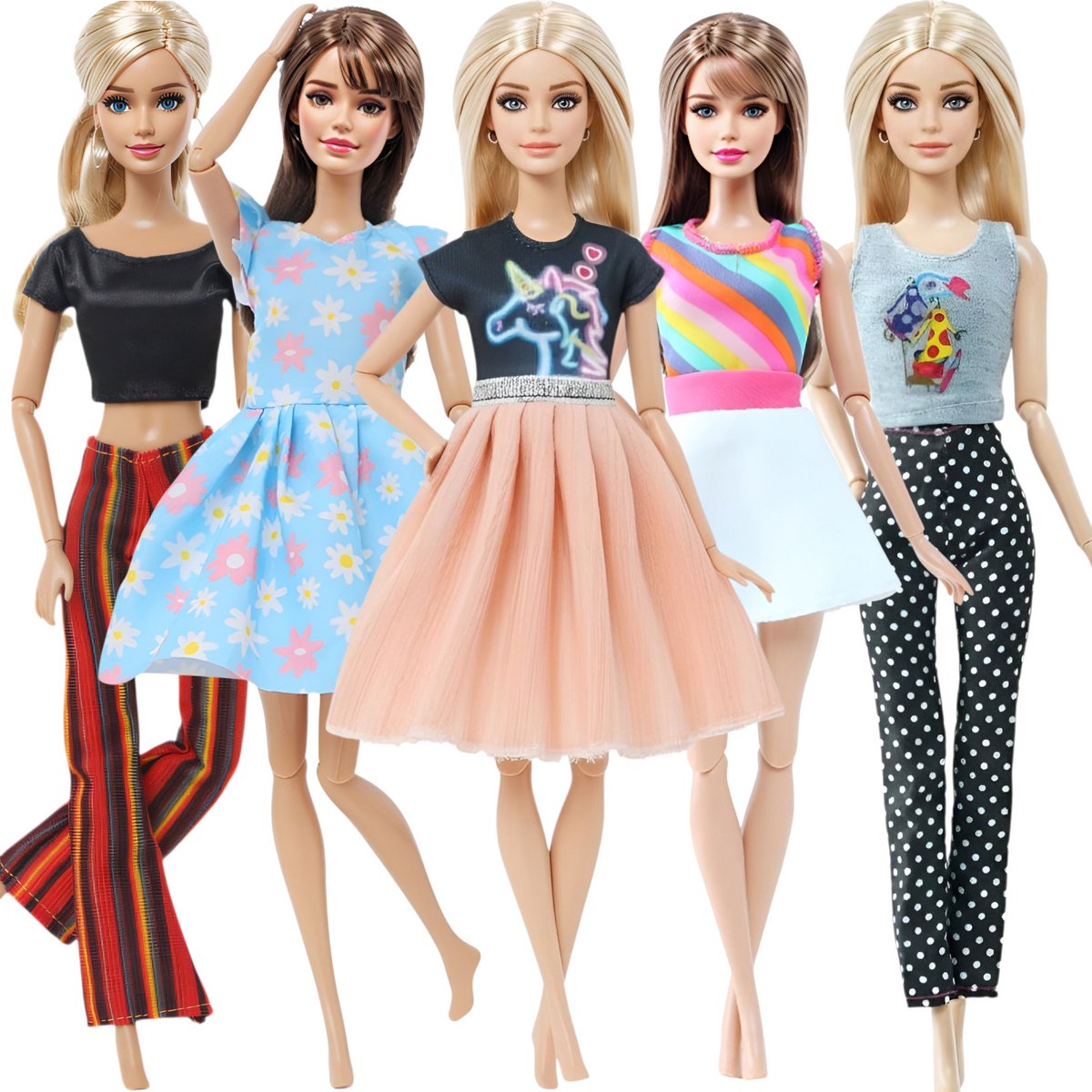 Lynn’s poppenkleertjes - Set ‘Demi’ - Geschikt voor modepop - Set van 5 outfits - Kleding voor modepoppen - Cadeauzakje